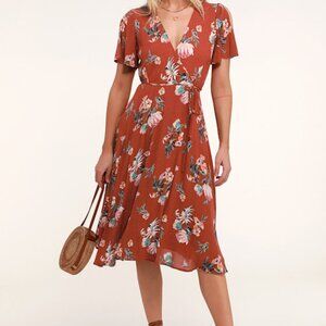 Lulus Jet Set For Sun Rust Red Tropical Print Wrap Midi Dress - Size L